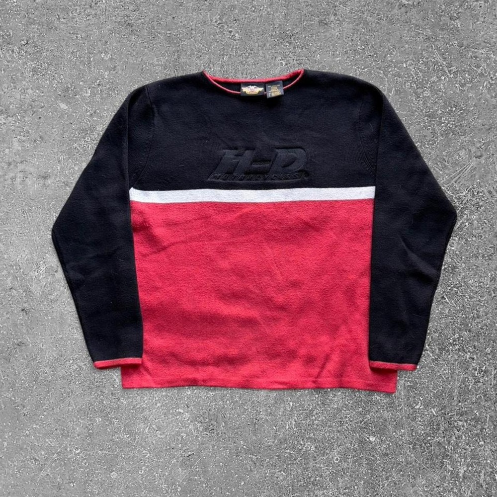 Harley-Davidson Colorblock Knit Sweater Black Red H-D Logo Cotton Size‎ Large